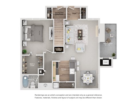 A floor plan of a one bedroom apartment with a living room, dining room, kitchen, and bathroom.